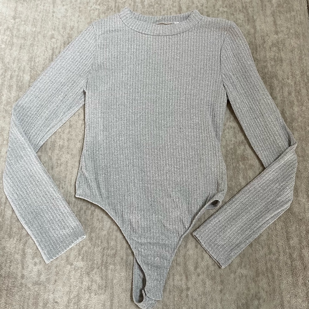 Gray Ribbed Women's Long Sleeve Bodysuit